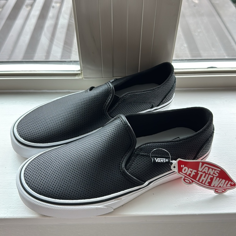 Vans Asher Slip-On Sneakers – Black Perforated Leather | Size 6.5 Women